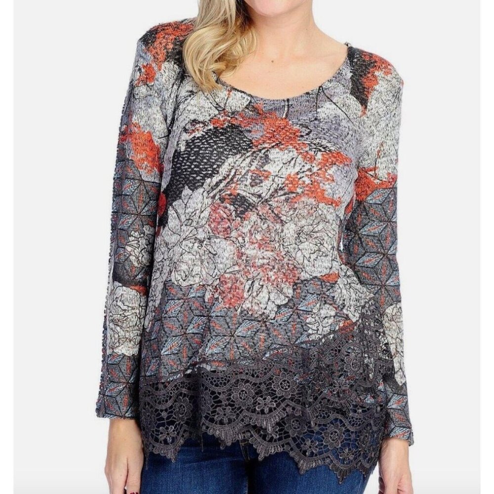 One World Multicolor Floral Print Knit Sweater Lace Top Artsy Boho Grunge SZ PS